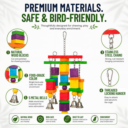Zephyriel Bird Toys for Small to Medium Parrot, Natural Wooden Blocks with Bells, Stainless Steel Chain & Screw-Lock, Safe Shredding Parrot Toy for Conures, Cockatiels, Quakers, Parakeet
