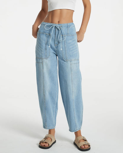 EZAPINE women casual cropped denim pants with pockets and elastic waist