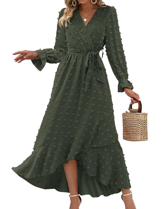 BTFBM long sleeve maxi dress — Swiss dot boho style with flowy slit