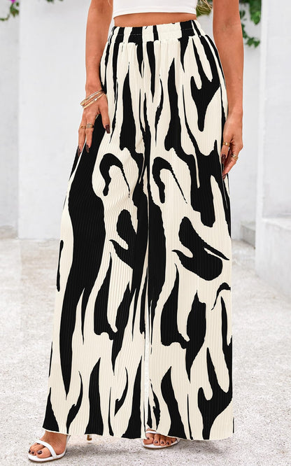 PRETTYGARDEN Womens Pants Dressy Casual Wide Leg Graphic Print Lounge Pants Women Comfy High Waist Pleated Palazzo Pants