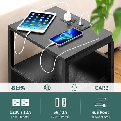 Yoobure nightstand with charging station - LED design with fabric drawers and USB ports