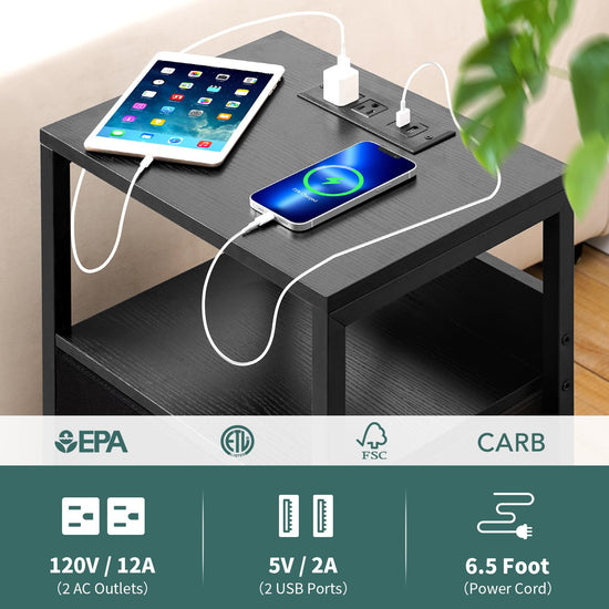 Yoobure nightstand with charging station - LED design with fabric drawers and USB ports