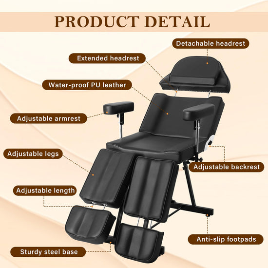 Tattoo Chair for Artist, Esthetician Facial Bed with Adjustable Armrests & Headrest, Split Legs Design Professional Tilting Massage Table with Stool for Eyelashes Spa Tattoo Studio, 440lbs, Black