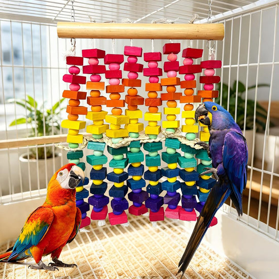 KTCWPAW Large Parrot Chew Wall Toy, Natural Wood Bird Cage Foraging Play Wall with Colorful Wooden Blocks, Hanging Shredder Toy for Macaws, Cockatoos, African Greys, Medium to Large Parrots