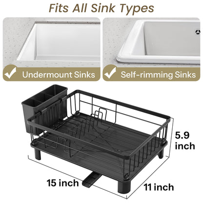 SNTD drying rack — small stainless steel dish drainer with utensil holder and drainboard