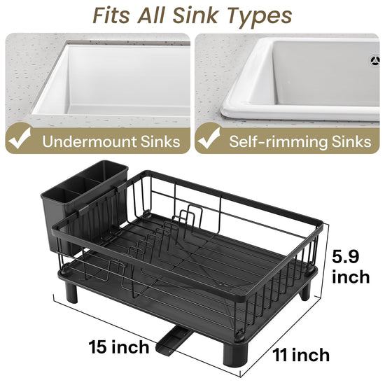 SNTD drying rack — small stainless steel dish drainer with utensil holder and drainboard