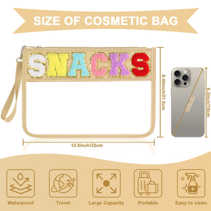 Snack bag - Clear chenille varsity letter pouch with zipper, waterproof nylon tote for women girls