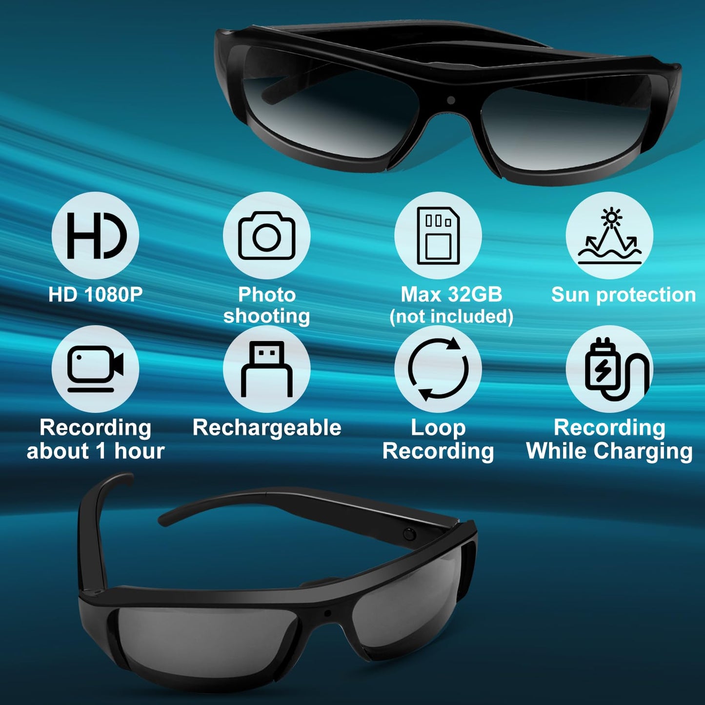 Camera Glasses Action Camera HD 1080P Smart Glasses Video Camera Wearable Sunglasses Sport Camera mit 16GB Micro SD Card for Driving, Fishing and Hiking/Outdoor Activities