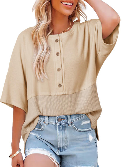 Dokotoo women's oversized waffle knit shirt with 3/4 sleeves and buttons