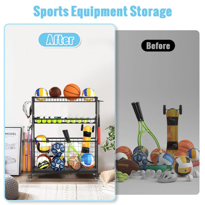 Sports equipment storage rack — heavy duty design with rolling cart and hooks