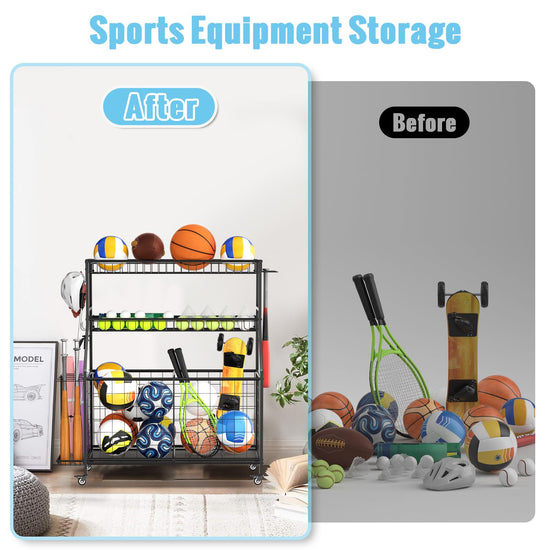 Sports equipment storage rack — heavy duty design with rolling cart and hooks