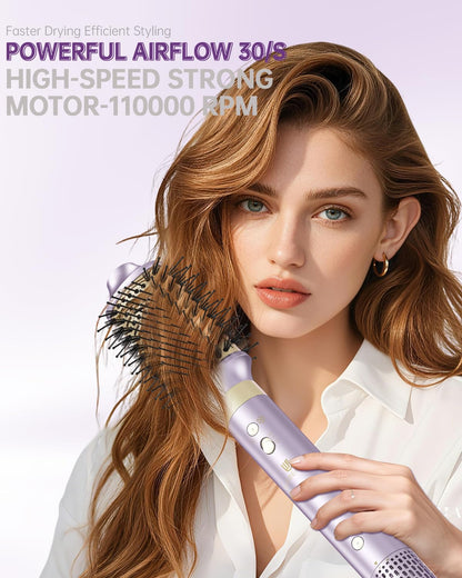 Hair Dryer Brush 8-in-1 Dual Voltage Hot Air Styler – Fast-Drying 110,000 RPM Ionic Blow Dryer with Straightener & Curler Attachments, Frizz-Free Volumizing Styler with Protective Hard Case-Purple