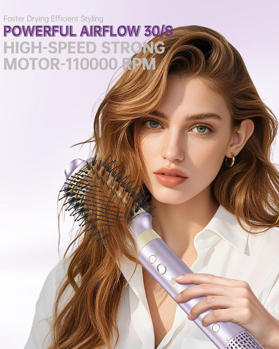 Hair Dryer Brush 8-in-1 Dual Voltage Hot Air Styler – Fast-Drying 110,000 RPM Ionic Blow Dryer with Straightener & Curler Attachments, Frizz-Free Volumizing Styler with Protective Hard Case-Purple