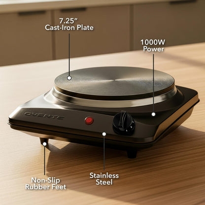 OVENTE countertop burner — 1000W single burner with cast iron hot plate and 5 levels of temperature control
