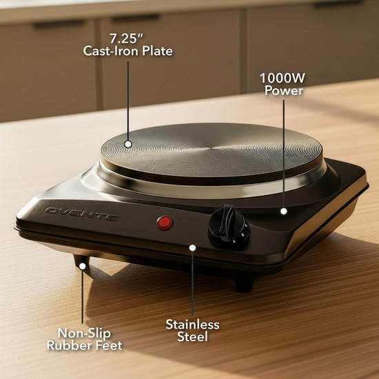 OVENTE countertop burner — 1000W single burner with cast iron hot plate and stainless steel base