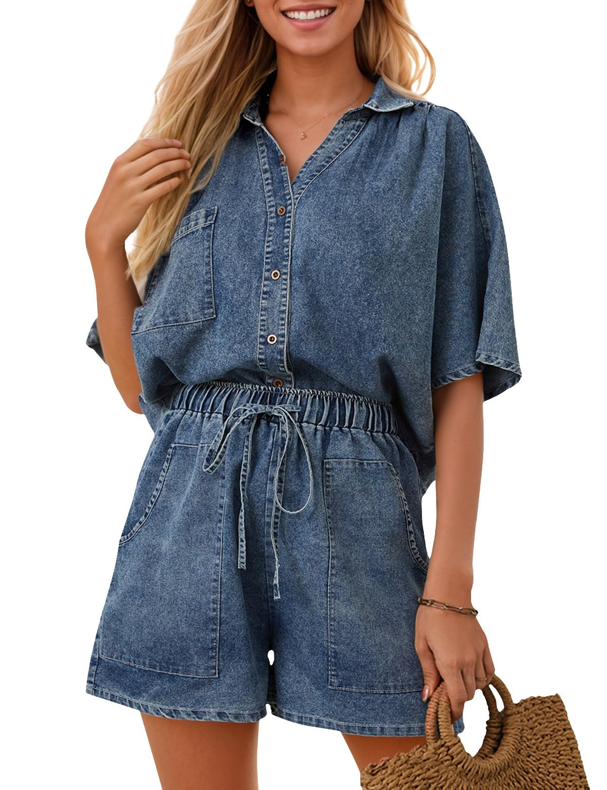 Zilcremo coordinated outfit — summer denim two piece set with crop shirt and shorts