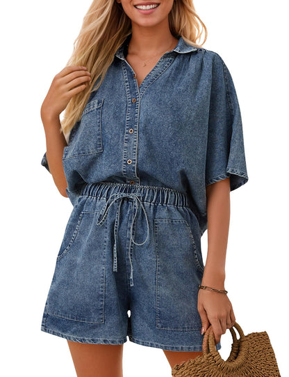 Zilcremo coordinated outfit — summer denim two piece set with crop shirt and shorts
