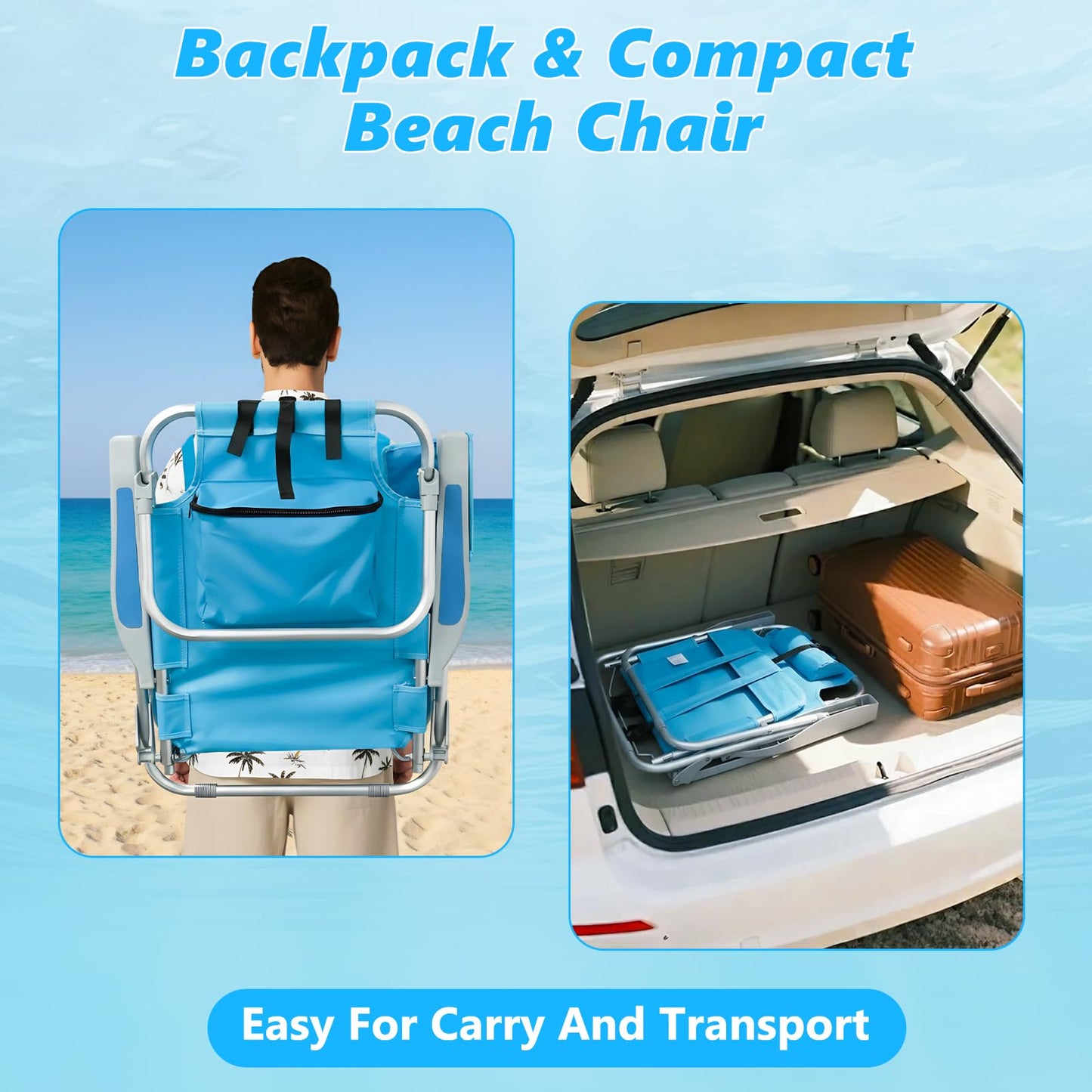 Backpack Beach Chairs for Adults, Heavy Duty Compact Portable Lay Flat Folding Chair with Backpack Straps and Large Pocket, 5 Positions Aluminum Reclining Chair for Patio Outdoor,Support to 300LBS