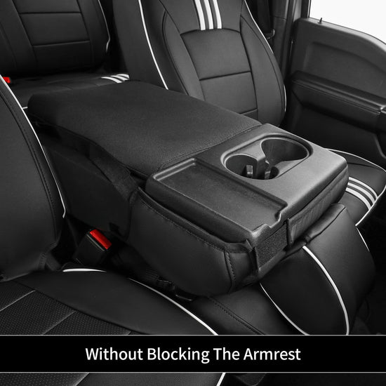 EKR F150 seat covers — custom fit faux leather in black with white trim