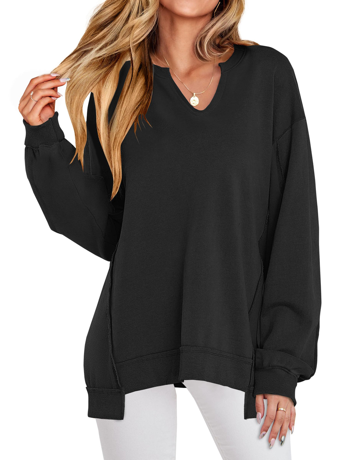 ANRABESS women's oversized sweatshirt - long sleeve V neck tunic top for fall
