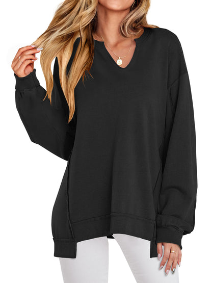 ANRABESS women's oversized sweatshirt - long sleeve V neck tunic top for fall