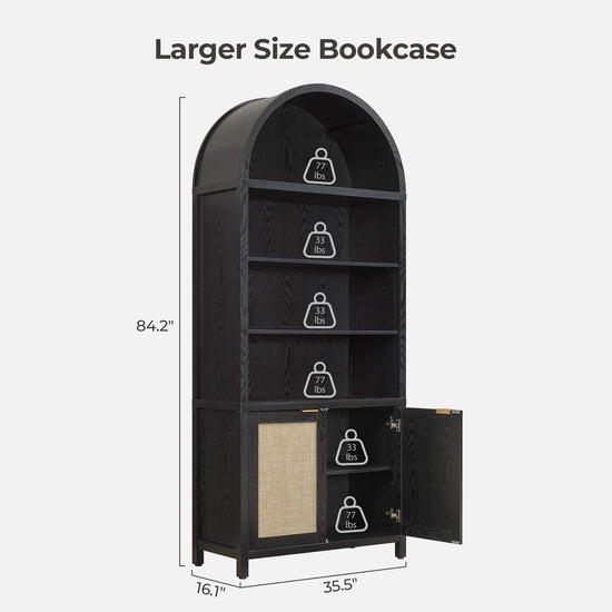 SICOTAS shelf — Arched cabinet bookshelf with doors and rattan accents 84.2 tall