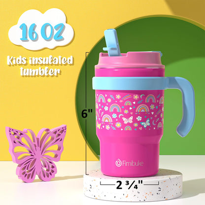 Fimibuke kids drinking cup — insulated with handle and straw, 16oz, BPA free stainless steel