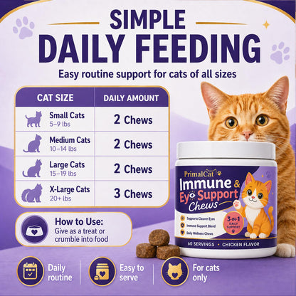 PrimalCat Immune & Eye Support, Chicken Flavor Upgraded Primal Cat Immune Chews, Cat Food, Supports Healthy Eyes and Immune Function 60 Chews (1 Pcs)