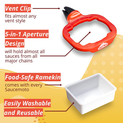 Saucemoto dip clip — in-car sauce holder for ketchup and dipping sauces