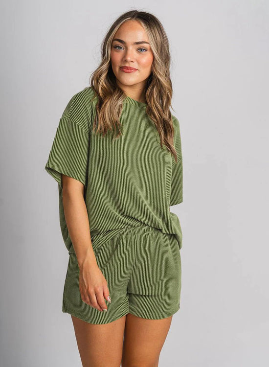 miduo coordinated outfit — ribbed textured knit lounge set with shorts and short sleeves