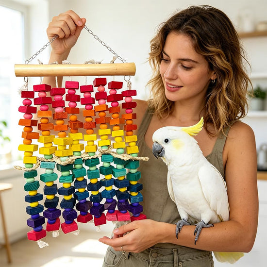 KTCWPAW Large Parrot Chew Wall Toy, Natural Wood Bird Cage Foraging Play Wall with Colorful Wooden Blocks, Hanging Shredder Toy for Macaws, Cockatoos, African Greys, Medium to Large Parrots