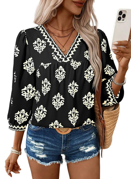 SHEWIN women's chiffon blouse with floral print and v neck design in boho style