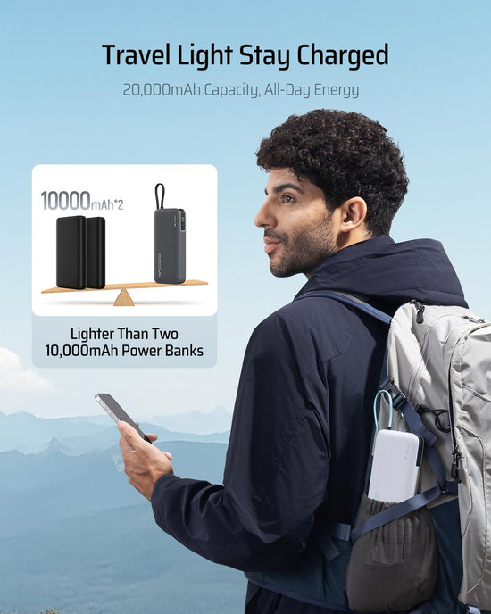 CUKTECH power bank with built-in USB C cable and LED display, 20000mAh capacity