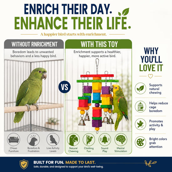 Zephyriel Bird Toys for Small to Medium Parrot, Natural Wooden Blocks with Bells, Stainless Steel Chain & Screw-Lock, Safe Shredding Parrot Toy for Conures, Cockatiels, Quakers, Parakeet