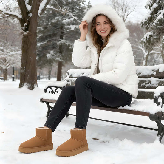 Litfun suede platform mini boots - Fuzzy fur lined ankle winter boots for women