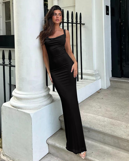 REORIA dress — Cowl neck sleeveless tank maxi with mesh detail and double lining