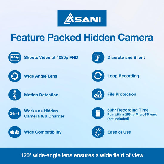 Asani Plug-in Mini Surveillance Camera - Nanny & Pet Cam - NO Audio Recording - Records Video ONLY - Home & Office Security with Micro SD Card Slot, Motion Detection, 1080P Full HD Video