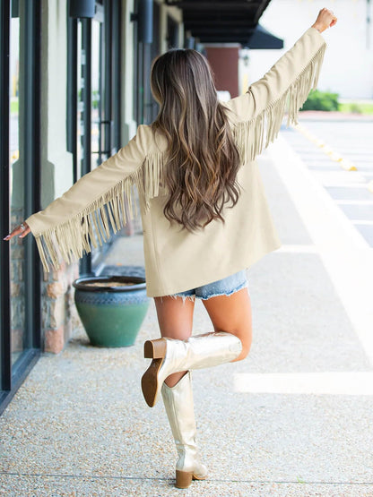 Cicy Bell blazer — faux suede fringe design with lapel and button front