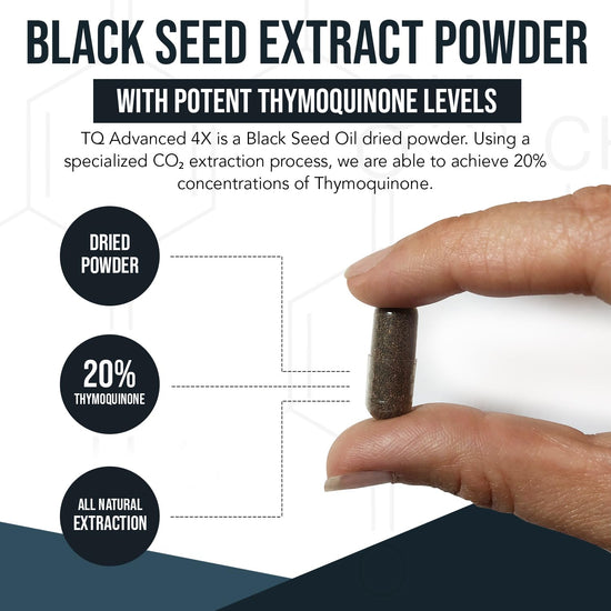 Nutritional supplement — 20% thymoquinone black seed oil extract capsules 60 countNutritional supplement — TQ-Advanced 4X thymoquinone capsules 60 count 100MG or 50MG
