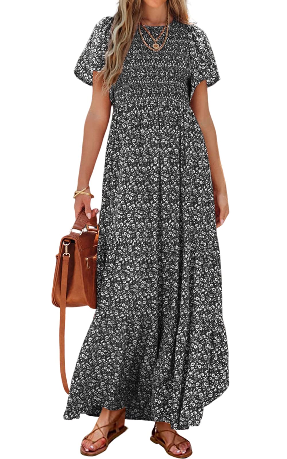 PRETTYGARDEN dress — Boho floral maxi with flutter sleeves and smocked tiered design