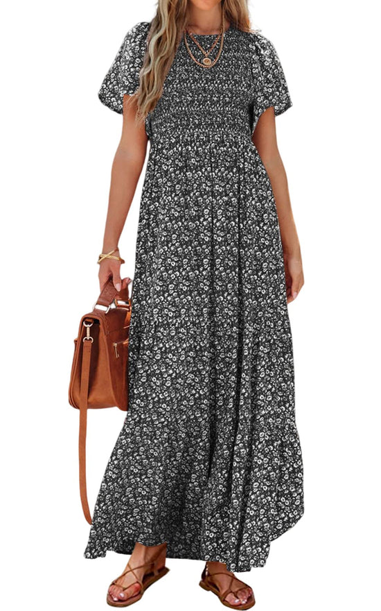 PRETTYGARDEN dress — Boho floral maxi with flutter sleeves and smocked tiered design