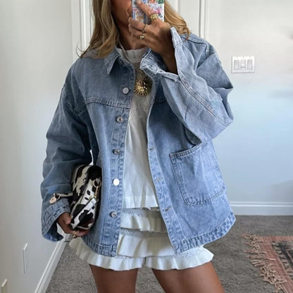 Hixiaohe coat - oversized denim jacket with pockets for women