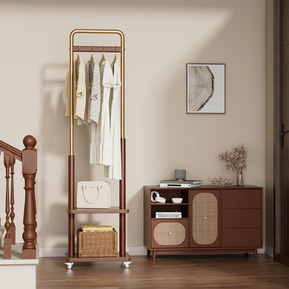 Taitiy clothes rack - Solid wood with double shelf and wheels for freestanding storage.