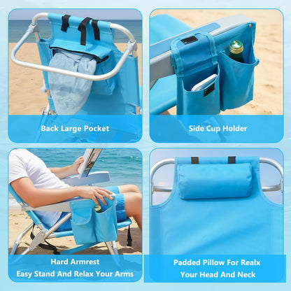 Backpack Beach Chairs for Adults, Heavy Duty Compact Portable Lay Flat Folding Chair with Backpack Straps and Large Pocket, 5 Positions Aluminum Reclining Chair for Patio Outdoor,Support to 300LBS