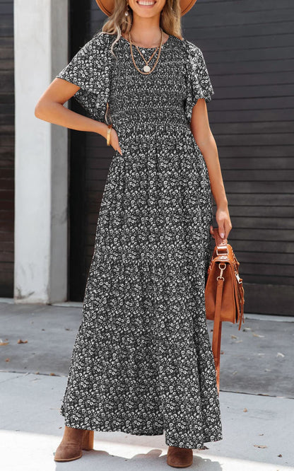 PRETTYGARDEN dress — Boho floral maxi with flutter sleeves and smocked tiered design