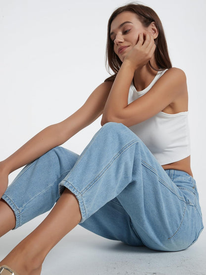 LifeShe women's wide leg baggy jeans - elastic waist ankle denim pants