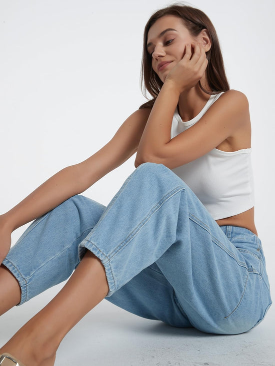 LifeShe women's wide leg baggy jeans - elastic waist ankle denim pants