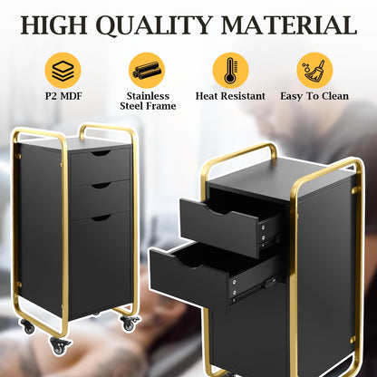 Black Salon Stations for Hair Stylist with Rolling Wheels, Heightened Beauty Salon Trolley Cart, Barber Hair Station Organizer with Dryer Holder & Drawer, Hairdressing Tools (Black Gold)