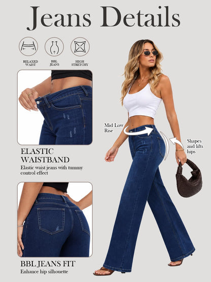 PANTS — Mid-low rise baggy wide leg distressed denim for women