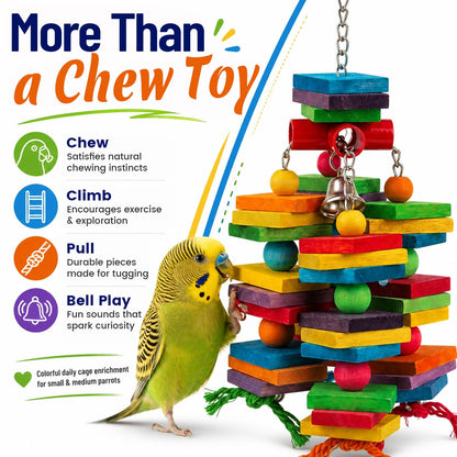 Bird Toys for Parrots, Natural Wood Bird Chewing Toy with Heavy-Duty Stainless Steel Chain for Small to Medium Parrot, Cockatiel, African Grey, Amazon Parrot, Conure Bird Cage Accessories - 1.2 lbs